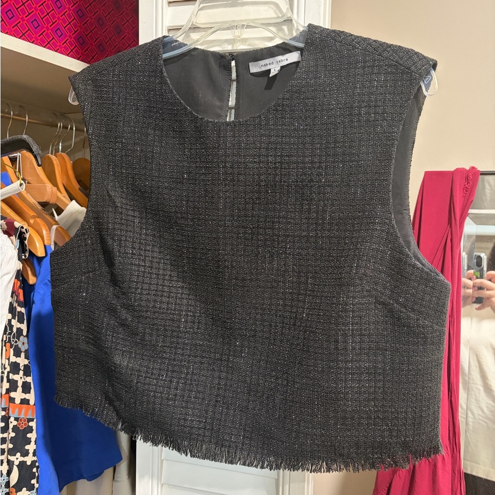 Naked Zebra Black & Silver Shimmery Tweed Shell Crop Top With Fringe Edge Detail